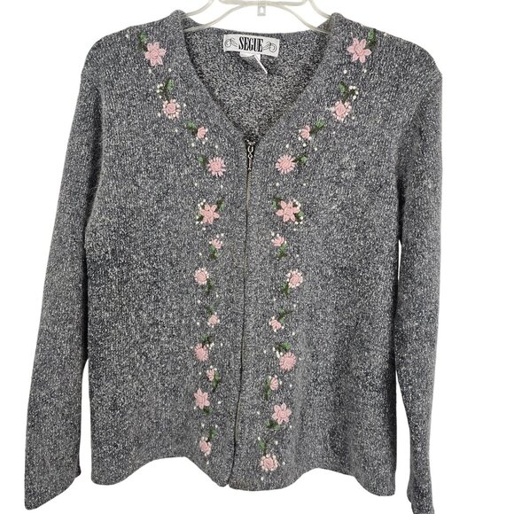 Segue Women's M Gray/Pink Floral Whimsical 90's VTG Fairy Grandma Core Cardigan - Picture 1 of 6